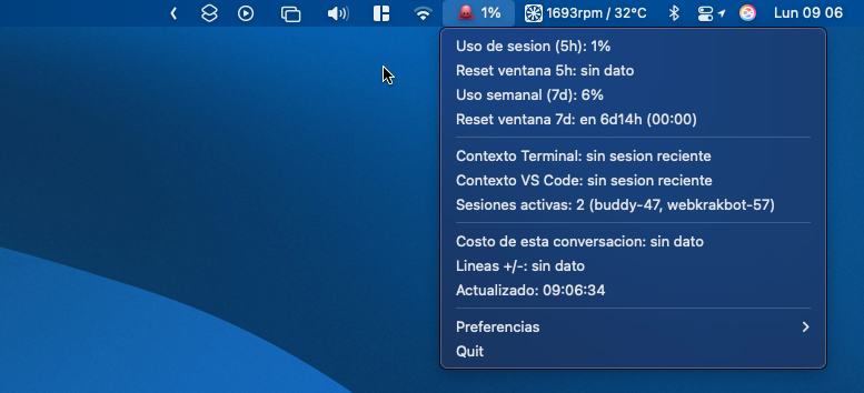Menú de KrakBot Monitor mostrando uso de sesión, ventana de 5h y 7 días, contexto y sesiones activas